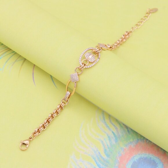 "Rose Gold Chain Bracelet with Oval Crystal Charm & Textured Links, XPBL0927 - Picture 5 of 13